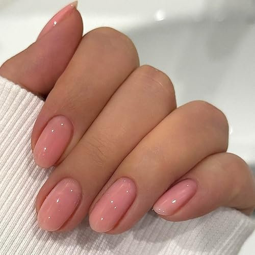 24 Pièces Amande Faux Ongles Court, Couleur Pure Ongles à Coller, Ovale Naturel French Press on Nails, Couverture Complète Acrylique Artificiel Capsules Ongles pour Femmes et Filles (Rose Pêche)