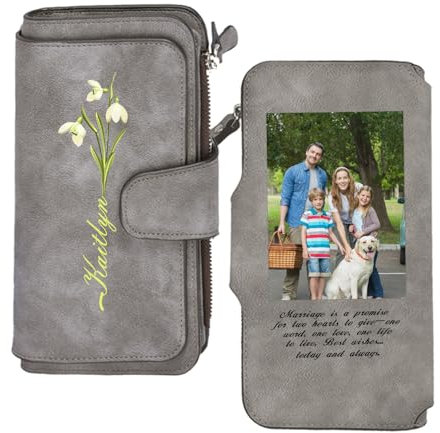 SHKINETARRY Portefeuille Photo Personnalisé avec Nom et Fleur de Naissance Portefeuille Long en Cuir pour Femme Grande Capacité avec Plusieurs Porte-Cartes Cadeaux pour Son Fête des Mères