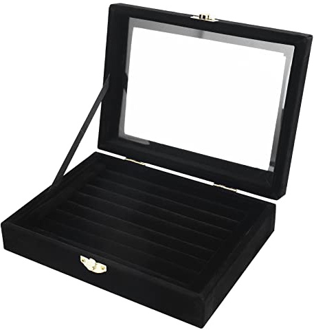 Kueohse Velvet Glass Ring Earring Jewelry Display Organizer Box Tray Holder Storage Case, Black
