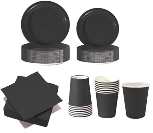WOOPARTY Set Stoviglie Carta Monouso Nero 112 Pezzi, Festa di Compleanno, Kit per 24 Ospiti