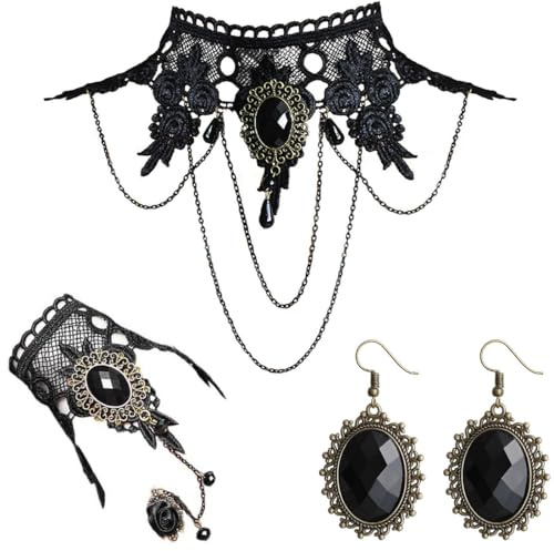 KUMSODE Ketten für Damen, Choker Schwarze Spitze Gothic Punk Halskett, Schwarze Spitze Halskette Ohrringe Armband Set, für Halloween Kostüm Hochzeit