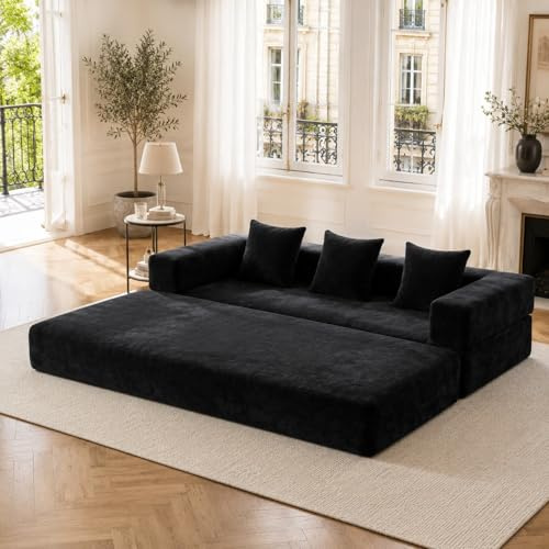 KOMHTOM Petit Canapé 2 Places en Chenille avec Coussins Confortables, DIY Libre et Poches Latérales - Canapé Convertible Multifonctionnel Moderne (Noir-A)