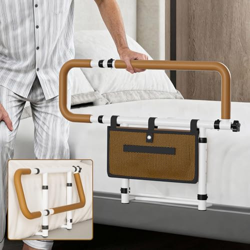 CAPRYSE Barrière de Lit Adulte Pliable, Barre d’Appui Réglable en Hauteur et Largeur, Poignées Antidérapantes, Poche de Rangement, Aide pour Se Lever du Lit pour Personnes Âgées
