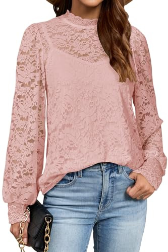 LAISHEN Womens Long Sleeve Tops with Cami Mock Neck Lace Blouse 2 Piecs Set | Blouses for Women UK,Going Out Tops for Women UK,Casual Dressy Blouse,Sheer Lace Blouse with Cami,