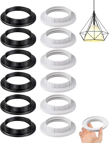 HUVZOR Lot de 12 anneaux à visser E27 en plastique pour douille de lampe, résistant à la chaleur pour abat-jour ou éléments en verre, blanc/noir