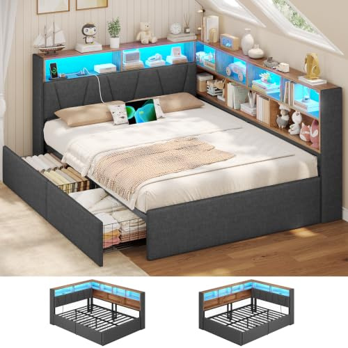 AOGLLATI Double Bed with Storage,Day Bed with Drawers, 135x190cm,Dark Grey | Corner bed with charging station led light 2 storage drawers,sofa bed with Side Bookcase Storage,Linen Material,No Mattress