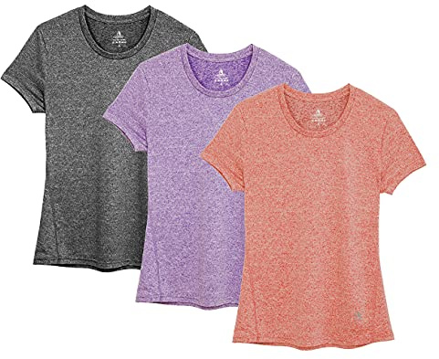 icyZone® Dam sport t-shirt löpning fitness skjortor sportkläder kortärmade toppar kortärmad topp, Kol/lavender/persika, XL