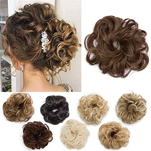 Silk-co Haarteil mit Gummiband, Dutt mit Haaren Gewellt Weich Dutt Haarteil mit Gummiband 25 g, Gelockt Haarverdickung Hair Extensions Messy Bun Hochsteckfrisuren Kastanienbraun