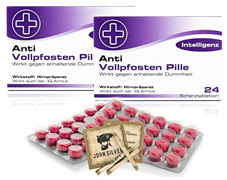 Lustige Pillen ANTI VOLLPFOSTEN PILLE im 2er Set, als Geburtstagsgeschenk. Spaß, Anti Stress, gute Laune, Junggesellenabschied Mann und Frau. mit John Silver® Orakelsprüchen