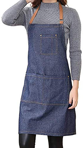 Dusenly Unisex Denim Schürzen mit Tasche Verstellbare Denim Jeans Küchenschürze mit 3 Taschen für Damen und Herren Küche Kochen, Garten und Restaurant (Blau)