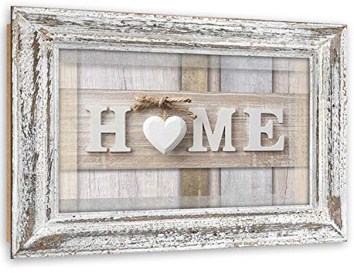 Feeby Wandbild XXL Inschrift Haus 120x80 cm Deko Kunst Bilder Shabby chic Rahmen Illusion Beige