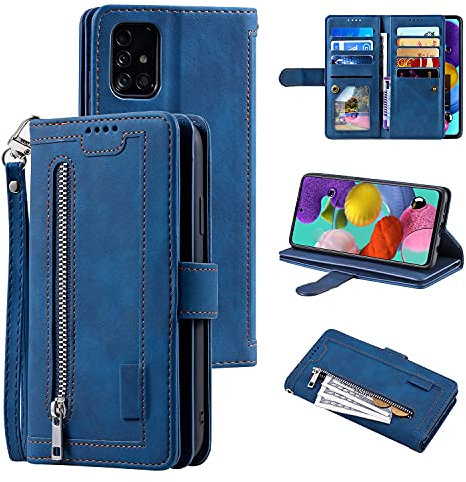 UEEBAI Hülle für Samsung Galaxy A52 4G/5G A52S 5G, Retro Reißverschluss Handyhülle Leder Handytasche Cover mit 9 Kartenfächer Standfunktion Trageband Schutzhülle Flip Wallet Case - Blau