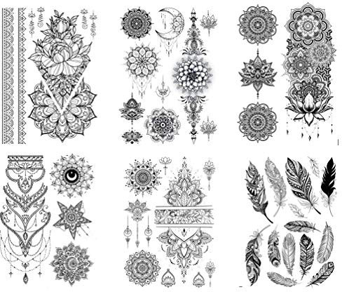 6 Bögen Feder Tattoo Mandala Hand Set Kira 6