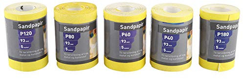 Jenngaoo 5 Stück Schleifpapierrollen Set, 93 mm x 5 m Schleifpapier Rollen mit Körnung 40/60 /80/120 /180 für Handwerkzeuge Elektrowerkzeuge - Gelb