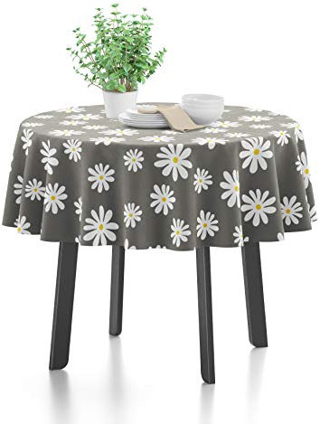Encasa Homes Bedruckte Tischdecke 145 cm für Round Esstisch, 100% Baumwolle, maschinenwaschbar, strapazierfähig, rechteckig, für Zuhause, Restaurant, Bankett - Daisy Grey