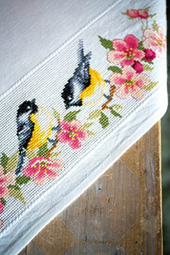 Vervaco Stickpackung Tischdecke Zählmusterpackung Kreuzstich 2 Kohlmeisen in Blumen Stickdecken zum Selbersticken Stickset Weihnachten Kreativ Set für Erwachsene 80 x 80 cm Kreatives Geschenk