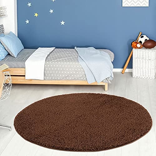 THE RUGS Living Room Rug - Shaggy Soft And Elegant Carpets For The Bedrooms And Kitchen, Easy To Clean, Many Different Sizes (120 cm Round, Brown)