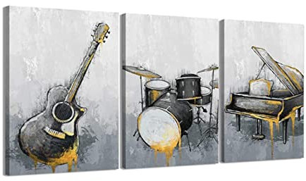 ZHONGYUTONG 3-teiliger Musik Wand Kunstdruck mit Rahmen Gitarre Klavier Trommel Musikinstrument Bild Leinwand Poster Jahrgang Gemälde für Klassenzimmer Dekoration (50x70cmx3 Stück)