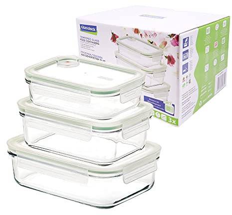 Glasslock AIR GL-640A - Juego de 3 recipientes herméticos de cristal templado con válvula de cierre de clip, aptos para microondas, lavavajillas, congelador, sin BPA, para alimentos