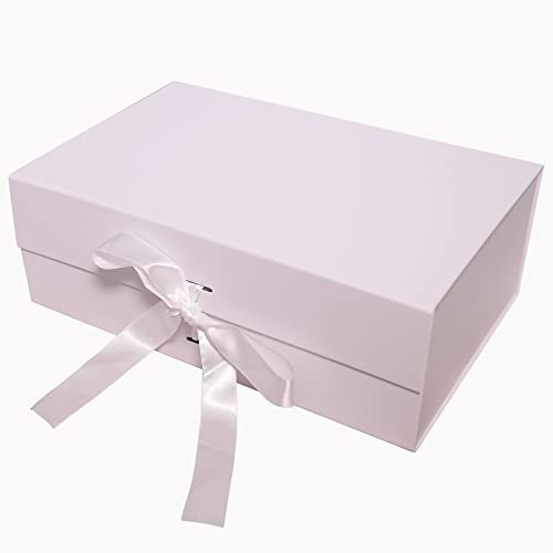 Large Luxury Gift Box for Presents Size 33x22x11cm, Magnetic Gift Box with Tissue Paper Birthday Wedding Bridesmaid Groomsman Anniversary Valentines Baby Gift (White with Ribbon)