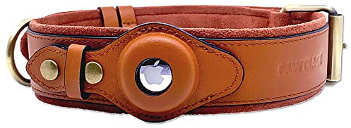 PawTrace Airtag Hundehalsband Leder. Stabiles Halsband aus Echtleder kompatibel mit Apple AirTag. Komfortablere Schutz für kleine & große Hunde. GPS Hundeband in Braun. Verstellbar (XS)
