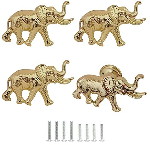 Elephant Cabinet Knobs, Vintage Decorative Metal Animal Elephant Shape Knobs Pulls Handles for Door Drawer Cupboard Closet, Antique Dresser Knobs Home Hardware Furniture Handle 4Pcs (Gold)