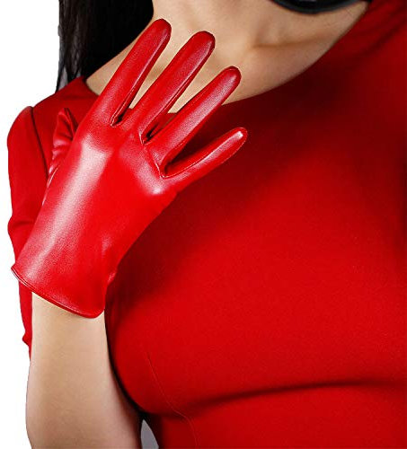 DooWay Damen Kurz Leder Handschuhe Handgelenk Länge Hot Rot 21cm Ungefüttert Vollfinger Kleid Handschuhe für Hochzeit Abend Party, Rot 21 cm, 85