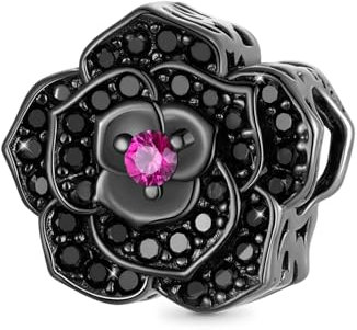 GNOCE Blume Anhänger Charm 925 Sterling Silber Dangle Charms Fit Armbänder/Halskette Schmuck Geschenk Für Frauen Mädchen Ehefrau Tochter (Schwarze Rose)