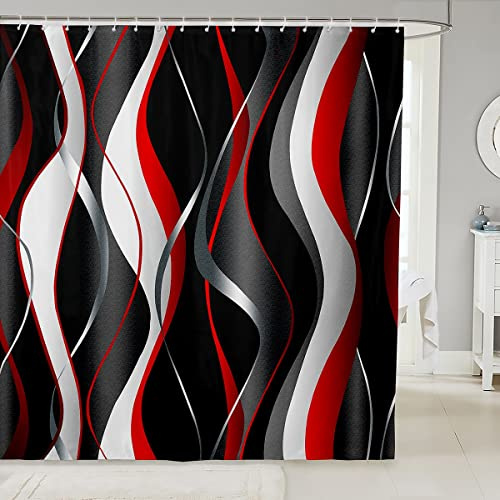 Loussiesd Red Grey Black Shower Curtain Geometric Spiral Pattern Fabric Shower Curtains for Kids Boys Girl Modern Abstract Bathroom Waterproof Accessories with 12 Hooks Grey White Curtains,72x94 Inch