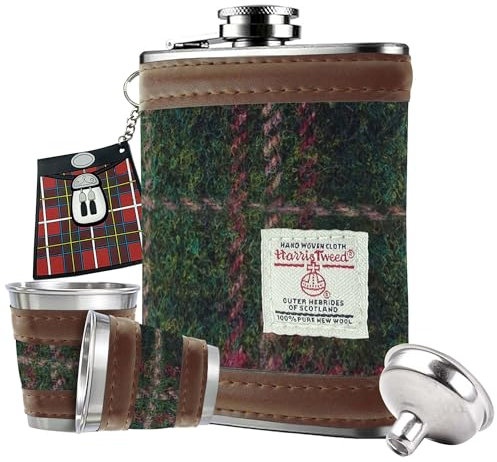 BRAW CLANS TARTANS Gift Box - 6oz Harris Tweed Hip Flask, Shot Glasses, Pour Funnel, Coaster, Keyring – Stainless Steel Tartan Liquor flasks for Men - Leak Proof lid (Dark Green & Plum Check)