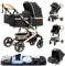 YAZOCO kinderwagen 3 in 1, Zusammenklappbar kinderwagen mit Wickeltasche,Komplettset Becherhalter,Moskitonetz, Fußabdeckung,Sitzzubehör (2 schwarz)