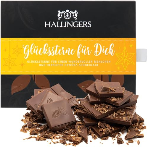 Hallingers Genuss Manufaktur Schokolade Weihnachts-Geschenk - Tafel handgeschöpften Edelkakaos ohne Alkohol edler Karton Glückssterne fü... Xmas-Gewürze, Weihnachten für Frauen Männer