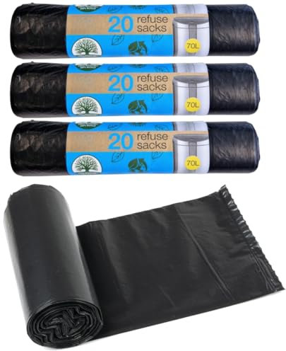 LND Gifts Refuse Sacks - Pack of 60-70 Litre Black Bags, Bin Bags, Durable Bin Liners for Pedal and Swing Bins Recycled Material and fully recyclable