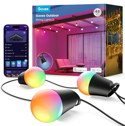 Govee Smart Outdoor String Lights 2, 15M RGBIC Outdoor Lights Dimmable Warm White LED Bulbs IP65 Waterproof 47 Scene Modes for Garden Works with Alexa