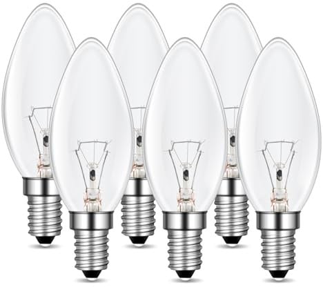 6 Pack E14 Small Screw Candle Light Bulbs, Dimmable SES E14 Light Bulb, Warm White 2700K, AC 220-240V, 600 Lumen, Clear C35 Candle Bulbs, for Ceiling Chandelier, Desk Lamp