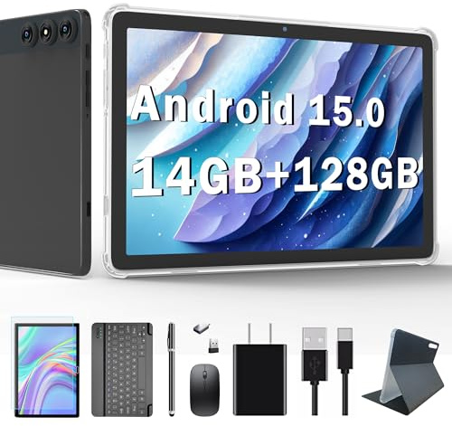 KADYBE Android 14 Tablet, 2025 Latest Tablet 10 Inch 128 GB Memory, 1 TB Expandable 14 GB RAM, 4G SIM Slot, with Keyboard, Supports 5G WiFi Bluetooth 5.0 GPS, 7000 mAh, Octa-Core Processor, FHD