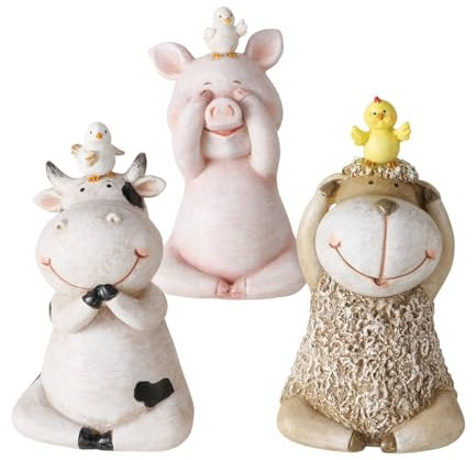 ReWu Dekofiguren Figur Enzo 3er-Set Kuh Schaf Schwein Kunstharz Tierfiguren Dekorations Wohndekorations Dekofigur Dekoaufsteller Tischdekoration Höhe: 6,5 cm