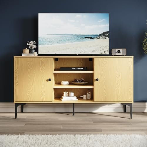 SONNI TV-Schrank, Fernsehtisch, Fernsehregal, Lowboard für Fernseher 60 Zoll mit 2 Schränken, 3 offenen Fächern, 2 Kabellöchern, Metallfüßen, für Wohnzimmer, Esszimmer und Schlafzimmer 135 x 35 x 70cm