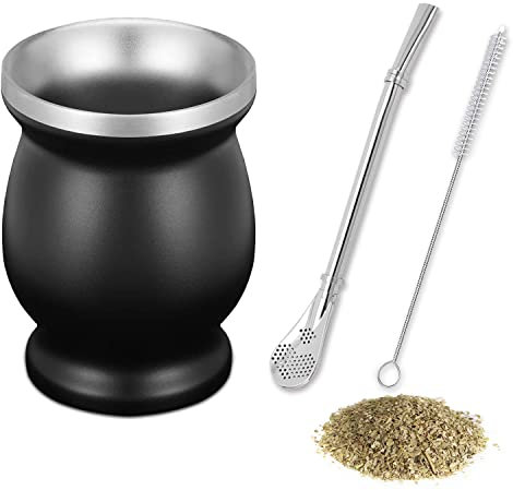 sinzau Tasse à Maté, Maté en Acier Inoxydable avec Couvercle, 230ML Ensemble de Maté, Kit Tasse à Maté Avec Paille Et Brosse de Nettoyage, pour Cuisines, Restaurants, Cafés, Noir