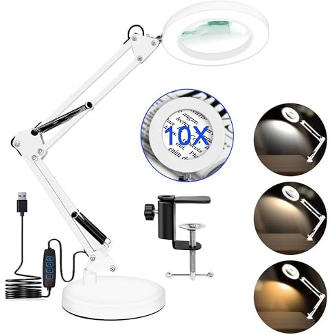 KLGFI 10X Lupe mit Licht und Ständer, 2-in-1 LED Lupenleuchte Lupenlampe mit Schwenkarm, Tischlampe mit 3 Farbmodi 10 Helligkeitsstufen zum Lesen Handwerk Reparatur Werkbank (Weiß, Mit Ständer)