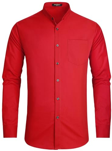 HISDERN Grandad Shirt Long Sleeve Red Shirts for Men UK Formal Dress Collarless Cotton Shirts for Business Christmas 3XL