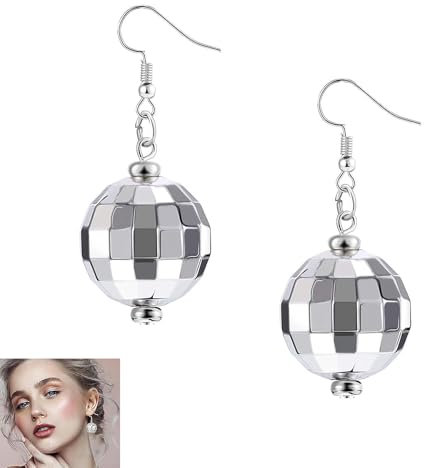 2er-Pack Discokugel Ohrringe, Lustige Damen Accessoires, Glitzer Silber Für Mädchen, Retro Disco Motto Party Kostüm Zubehör
