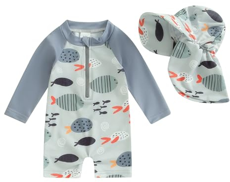 Loalirando Maillot de Bain Enfant Bébé Garçon de 2 Pièces Anti-UV, Combinaison Zippé à Manches Longues Imprimé + Chapeau à Large Bord