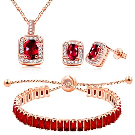 Oneress Rose Gold Plated Red Cubic Zirconia Pendant Necklace Tennis Bracelet and Stud Earring Set - Dainty Bridal Jewelry for Wedding Bridesmaid Y3611