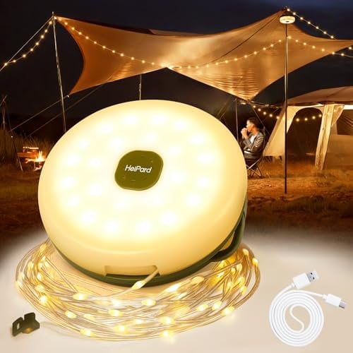 HeiPard Camping Lichterkette Aufrollbar 10 M, 3-in-1 Tragbare USB LED Lichterketten Außen mit 8 Beleuchtungsmodi Wasserdichte Dimmbar Timer, Campinglampe Aufladbar für Zelt Wander Party
