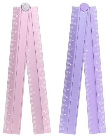 sourcing map 2pcs Folding Straight Ruler 30cm Metric Aluminum Alloy Protractor Foldable Angle Ruler Geometric Measure Tool with Angle Line for Architect Artist Office, Pink/Lavender