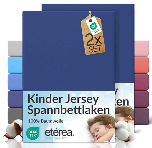 etérea Jersey 2er Set Spannbettlaken 80x160cm - 80x180cm Marine bis 20 cm Höhe - 100% Baumwolle Spannbetttuch Oekotex - Kinder Doppelpack Bettlaken 80x160 cm - 80x180 cm - Blau
