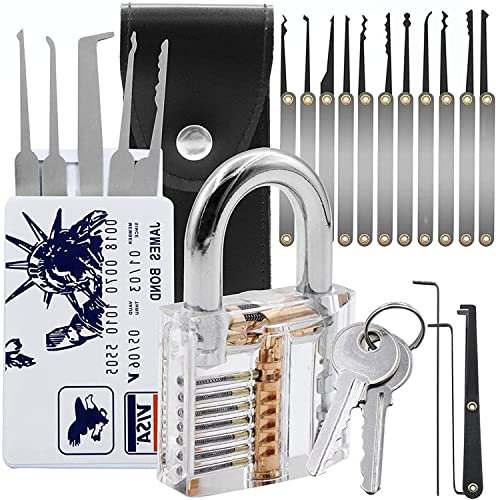 Juego de ganzúas de cerradura de 5 piezas con extractor de llaves rotas y candado de práctica transparente en caja de regalo compacta