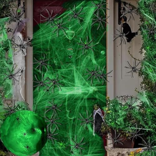DITK-U 200qft Leuchtende Spinneweben Halloween Spinneweben-Dekorationen mit 30 zusätzlichen Kunstspinnen für Halloween-Dekorationen im Innen- und Außenbereich, Spukhaus-Partyzubehör