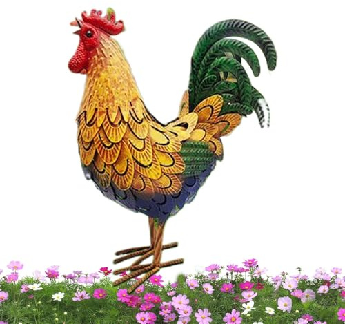 Gartenstatue Huhn, Eisen-Hahn, Kunstfigur, handgefertigt, Metall, Bauernhoftier-Skulptur, stehender Outdoor-Dekorakzent, ideal für Bauernhaus-Rasen, Hinterhof-Terrassen, Gartenwege, 40 x 32 x 12 cm